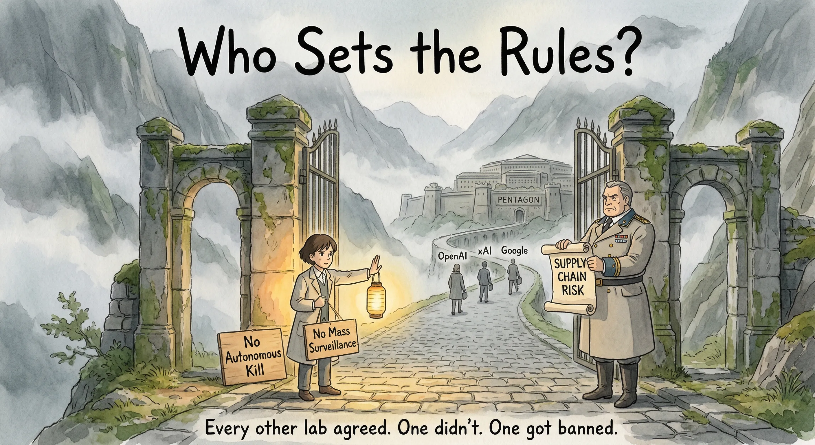 Illustration depicting AI defense contracts and government technology governance